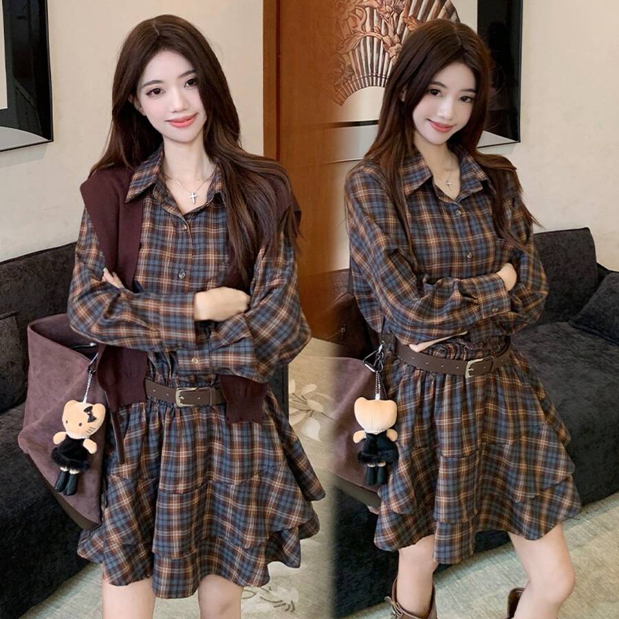 Women Mini Dresses - Coffee-colored Dress + Shawl + Belt - View 1