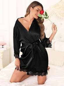 Bata de baño de manga corta de unicolor para mujer, adecuada para primavera y verano, hogar, hotel, fiesta, traje de baño, vestido corto/camisón de temporada de bodas, se puede usar como bata de mañana, camisón, atuendo de preparación para la fiesta de novia, accesorio para la ceremonia de boda y el banquete, suministros para fiestas de vacaciones - Negro - Ver 7