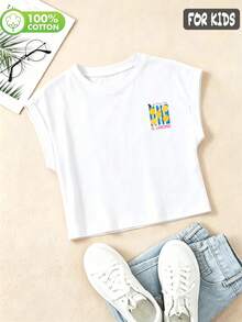 Girls' Summer Casual T-Shirt, Lemon Pattern Short Length Rolled Hem Sleeve, Sweet Comfortable Draping Breathable Short Sleeve - White - View 6