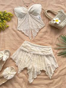 Conjunto de 2 piezas de top bandeau de unicolor con giro y falda con bajo asimétrico para vacaciones casuales de mujer - Albaricoque 3 - Ver 1