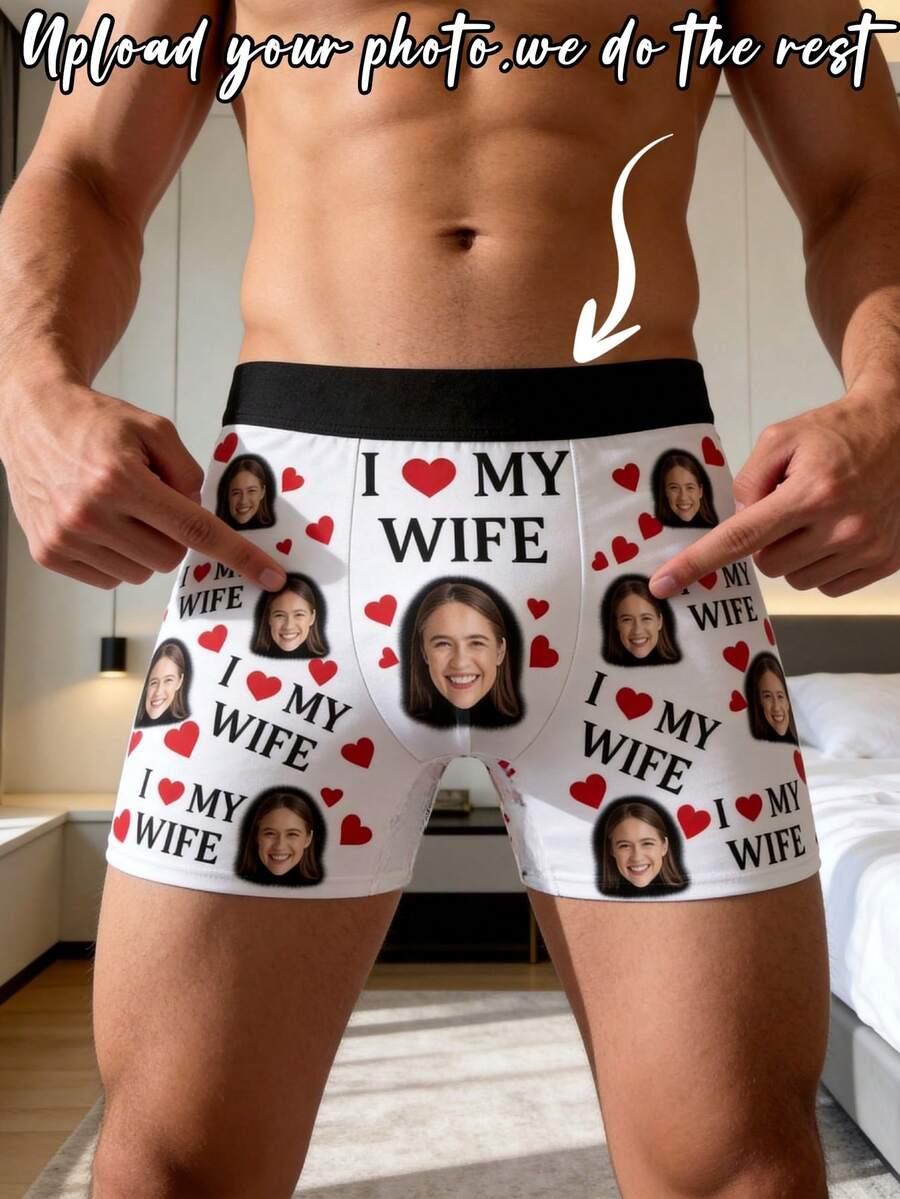 男士客製化印花四角內褲，印有妻子照片與「I LOVE MY WIFE」字樣及紅心圖案，皇家藍色，柔軟透氣材質