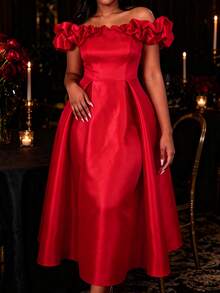 AOMEI Women's Sexy Vintage Red Pleated Off Shoulder A-Line Dress, 3D Ruffle High Waist Fashion Elegant Party, Date, Holiday, Wedding Guest Dress - Red - View 4