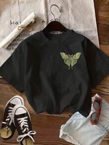 1 Pcs Minimalist Vintage 100% Cotton Double Sided Moth & Plant Print Short Sleeve T-Shirt, Casual Streetwear Top For Spring Summer Daily Wear - 黑色 - 查看 3