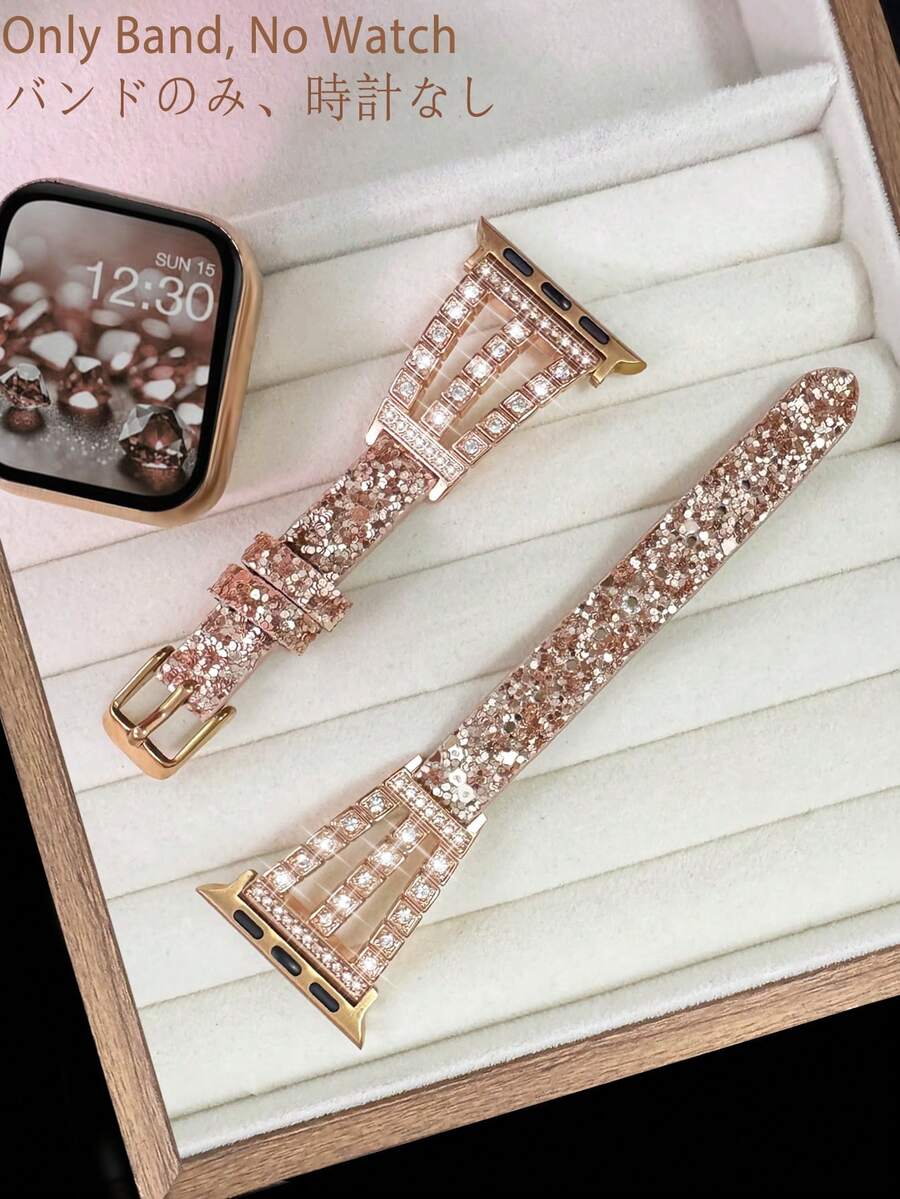 適用於 女款錶帶，38mm/40mm/41mm/42mm/44mm/45mm/46mm/49mm。時尚高端設計，創意鑽石與玫瑰金金屬配件，柔軟玫瑰金皮革錶帶適用於 Ultra 3/2/1/SE/S11/S10/S9/S8/S7/S6/S5/S4/S3/S2/S1 系列。奢華閃耀鑽石珠寶裝飾，非常適合夏季海灘派對、舞會、教師節禮物、旅行和度假。智慧手錶 38mm/40mm/41mm/42mm/44mm/45mm/49mm 手環。