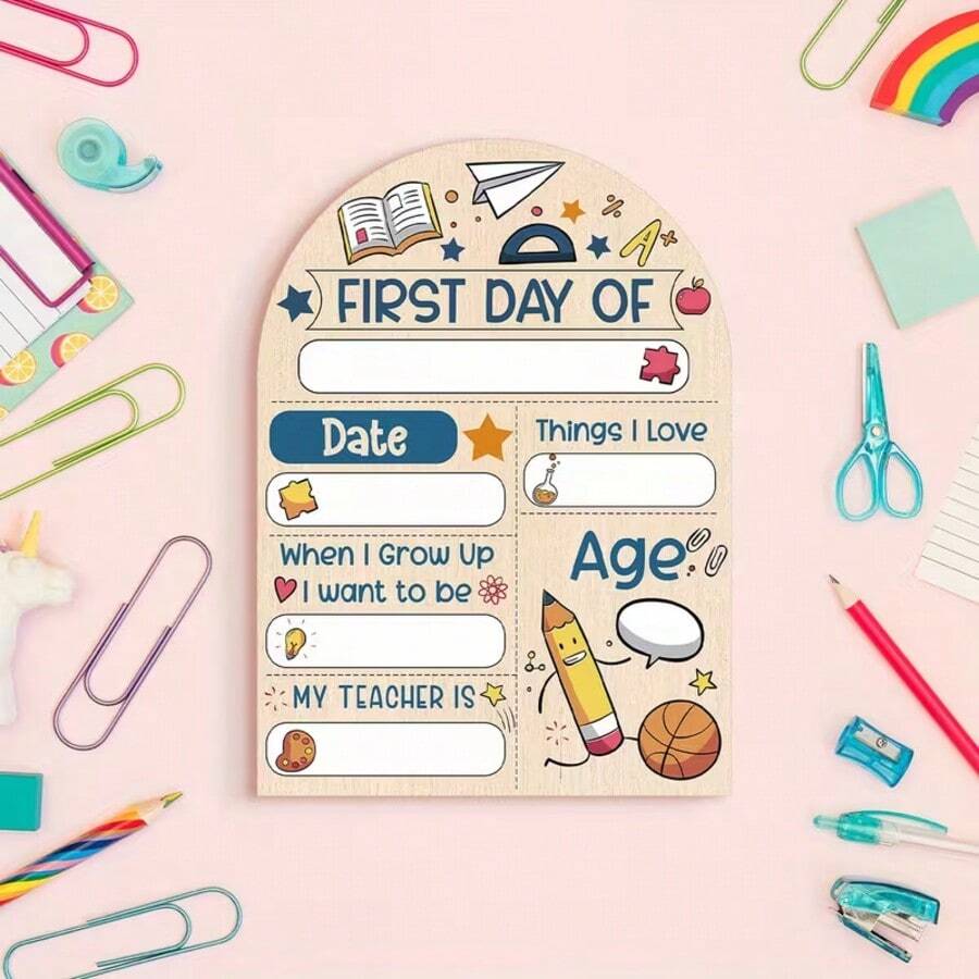 2D Flat Back To School First Day Decoration Sign, 1pc Wood Back To School Gift, Customizable With Name And Date, Featuring School Emblem, Book, Pencil, And Ruler Patterns - Multicolor 1 - View 1