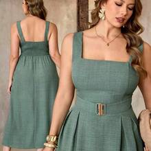 dagjydgfyja Roveilla Vestido maxi holgado sin mangas con cuello cuadrado de punto de bambú de unicolor, cinturón con hebilla metálica, talla grande, verde militar, elegante, estilo retro francés, formal, oficina, casual, vacaciones, té de la tarde, minimalista, versátil, primavera/verano, nuevos vestidos de verano para mujeres, vestidos formales, vestidos casuales elegantes, vestidos clásicos de oficina para damas - Verde - Ver 2