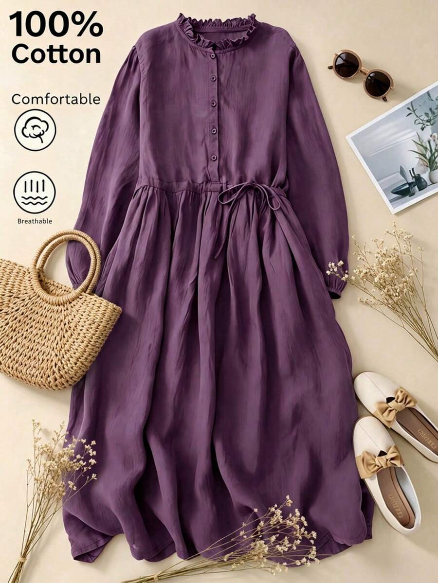 Gaun Midi Lengan 3/4 Longgar untuk Wanita, Gaya Artistik, Elegan untuk Musim Gugur dan Musim Semi - Purple - View 1