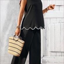 Conjunto de 2 piezas de top de tirantes con ribete de concha y pantalones casuales de maternidad para vacaciones - Azul y blanco - Ver 5