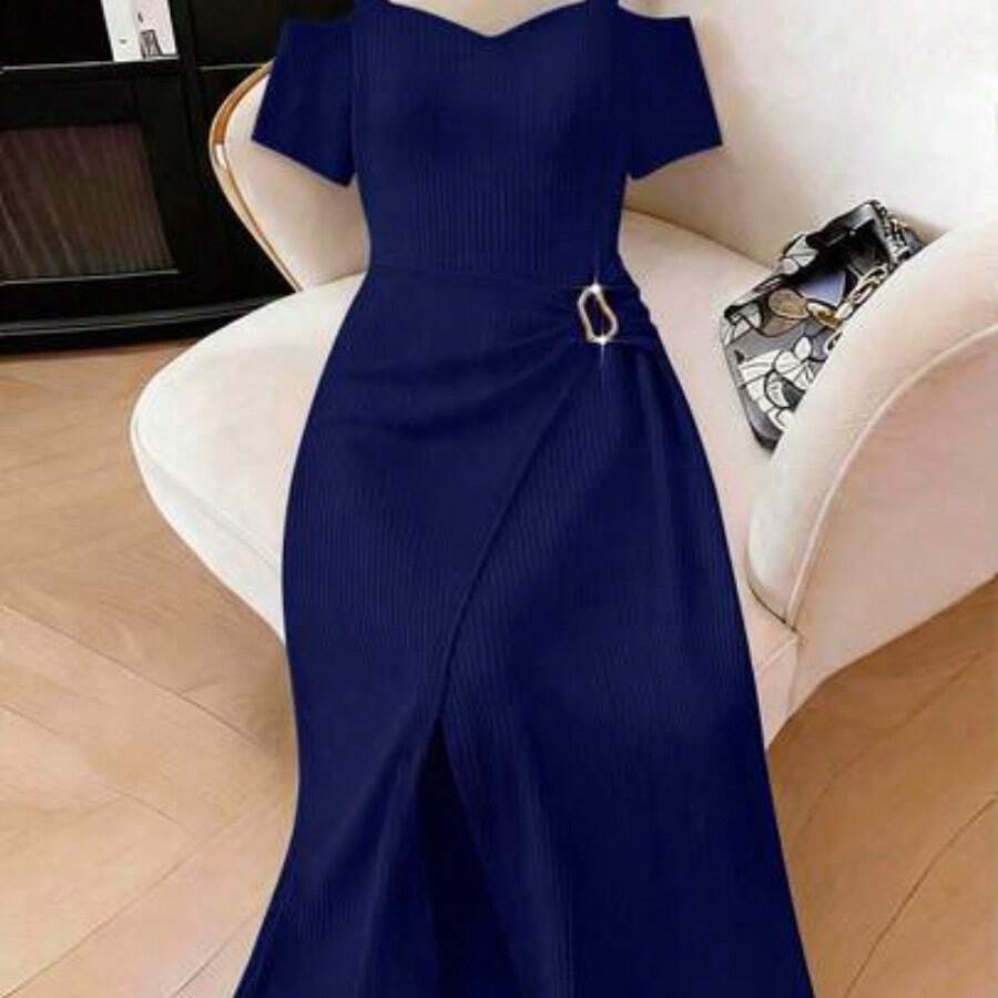 yonghongmaoyi1 Vestido elegante de talla grande con hombros descubiertos y abertura en la cintura, para verano - Azul marino - Ver 1