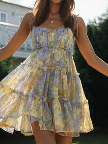 Vacation Style Ruffle Hem Sexy Cami Dress - Yellow - View 2