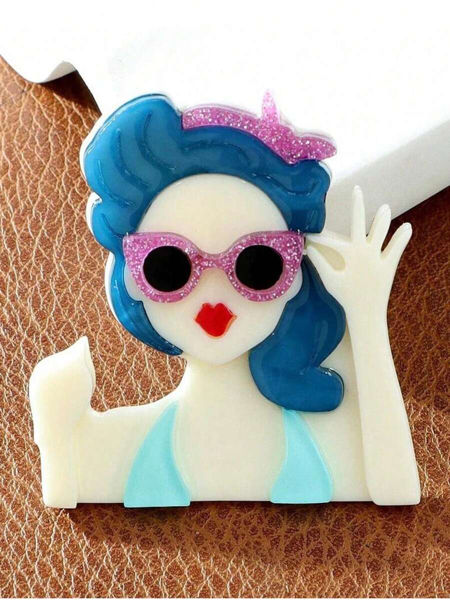 1 Stück Damen Modebrille Strandurlaub Mädchen Porträt Acryl Brosche, Cartoon Charakter Anstecknadel für Kleidung, Mantel, Rucksack Accessoire Geschenk, Sommer Neuer Stil - Blau - Übersicht 1