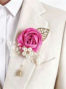 1 buah Boutonniere Pengantin Pria Motif Mawar Sampanye dengan Pita Daun Emas Mutiara, Tersedia Berbagai Pilihan Warna, Cocok untuk Pengantin Pria dan Pendamping Pengantin Pria - MultiWarna - View 11