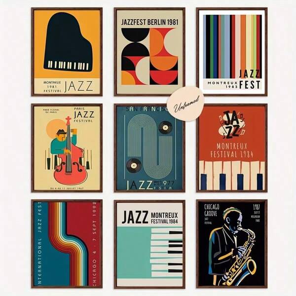 Bộ 9 bức tranh treo tường nhạc Jazz không khung, bộ tranh treo tường phong cách retro, áp phích vintage, áp phích nghệ thuật buổi hòa nhạc, quà tặng cho người yêu âm nhạc, phù hợp cho văn phòng, hành lang, phòng ngủ, phòng khách, phòng nghe nhạc