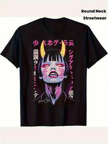 VintageItem Picture Mens Cyberpunk Anime Graphic T Shirt Japanese   Street St (2)Summer Tops - Black - View 1