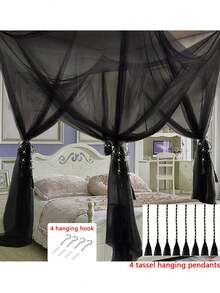 Dosel de cama con mosquitera, mosquitera de 4 postes de esquina, dosel de cama King desde el techo, con 4 piezas de colgantes con borlas, decoración de habitación gótica/princesa, tienda de cama con mosquitera, decoración de dosel de cama gemela para la mayoría de las camas dobles y cortinas de cama para interiores y exteriores - Mosquitera de cuatro puertas - Ver 14