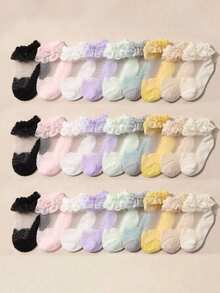 5 Pairs/Pack Random Baby Girls Lace Ruffle Socks, 6pcs Soft Breathable Mesh Princess Socks, Cute Costume Socks, Suitable For Party, Photo Shoot, Daily Wear - Multicolor - View 1
