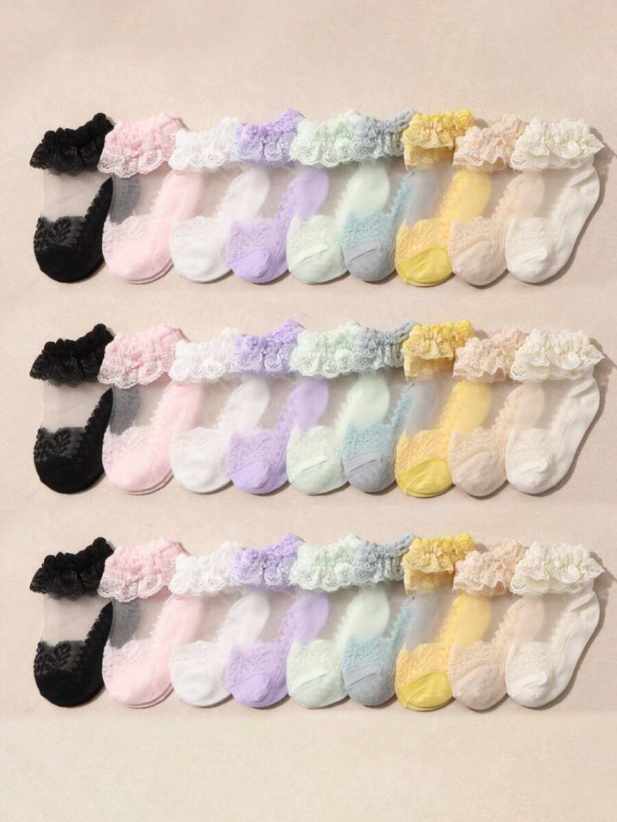 5 Pairs/Pack Random Baby Girls Lace Ruffle Socks, 6pcs Soft Breathable Mesh Princess Socks, Cute Costume Socks, Suitable For Party, Photo Shoot, Daily Wear - Multicolor - View 1