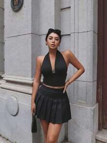 Summer Solid Color Casual Pleated Daily Home Wear All Season High Waist Women's Skirt - Black - View 5