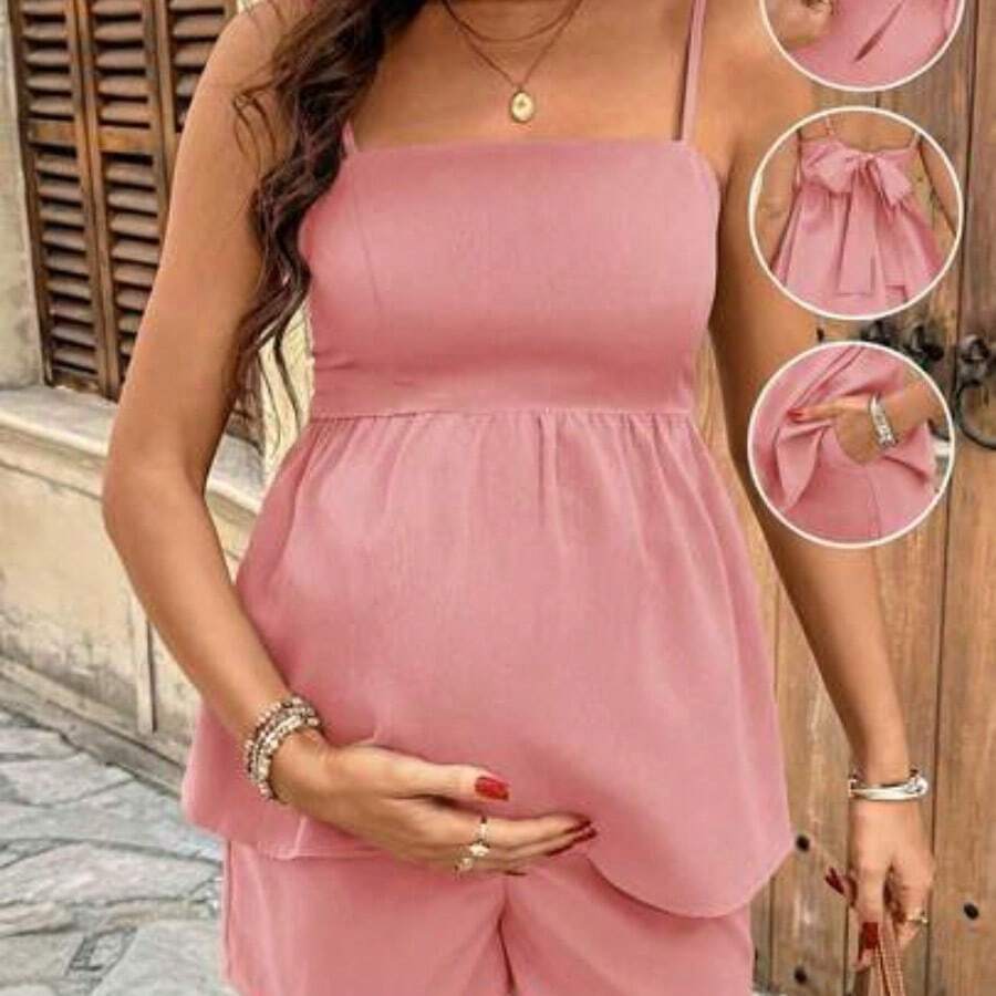 Conjunto de 2 piezas de camiseta sin espalda con lazo y shorts de unicolor casual para maternidad - Rosa - Ver 1