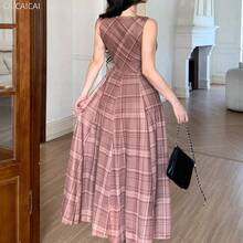 yonghongmaoyi1  Vestido de mujer elegante de cuello redondo sin mangas con estampado asimétrico de largo medio, vestido de invitada de boda de verano - Marrón - Ver 3