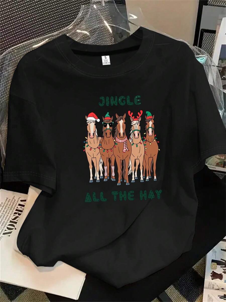 Top de mujer de manga corta y cuello redondo con estampado de caballos con gorros de Papá Noel, apto para todas las estaciones. - Negro - Ver 1