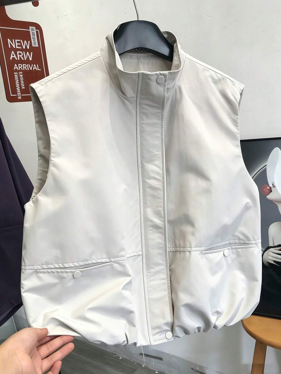 1pc Women's Solid Color Knit Fabric Zipper Button Vest Jacket, Daily College Style Spring/Summer Travel With Pockets Stand Collar - Beige - View 1