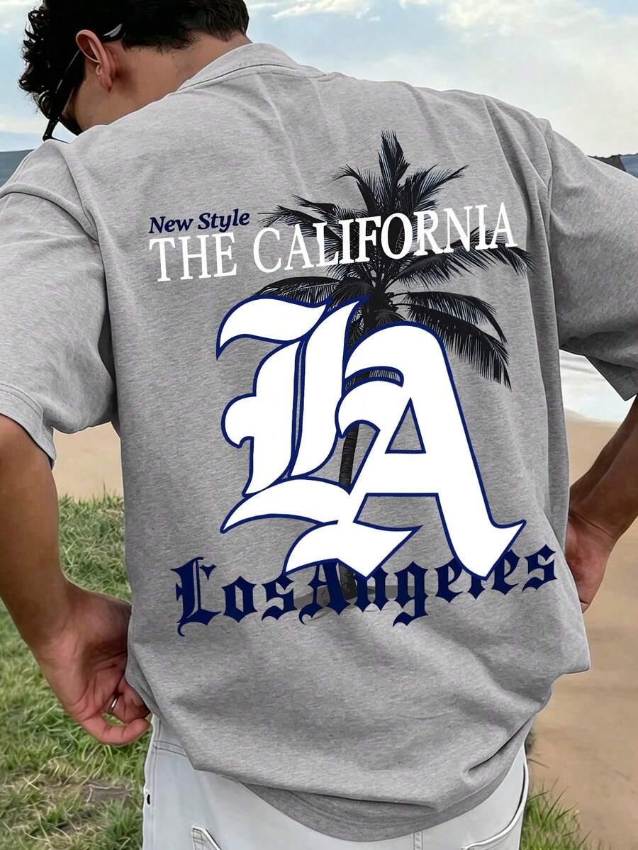 Camiseta Gráfica Plus Size de Ajuste Solto para Meninos, Estampa de Palmeira da Califórnia e "LA", Slogan "THE CALIFORNIA", Ajuste Solto Casual, Adequada para Volta às Aulas e Uso no Verão - Cinza - Visão 1