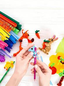 Juguetes de Educación Temprana, Kit de Material de Juguete de Rompecabezas Hecho a Mano, Conjunto de Juguete Creativo DIY, Conjunto de Regalo de Artesanía Hecho a Mano con Limpiapipas, Bolas de Algodón y Ojos - Caqui - Talla única - Ver 4