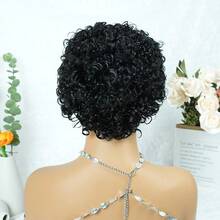 Afro Kinky Curly Bob Wig With Bangs Brazilian Human Hair Wig For Women Short Water Curly Pixie Cut Remy Human Hair Wig Full Machine Made 4" 200% Density For Daily Wear & Cosplay & Parties & Music Festival & Valentine's Day - Natural Black - View 7