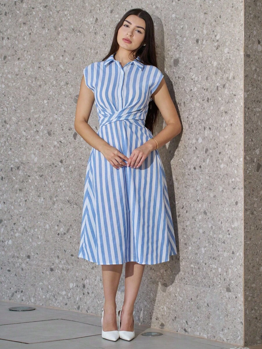 Vestido de verano informal para mujeres con cintura ajustable y bloques de color a rayas - Multicolor - Ver 1