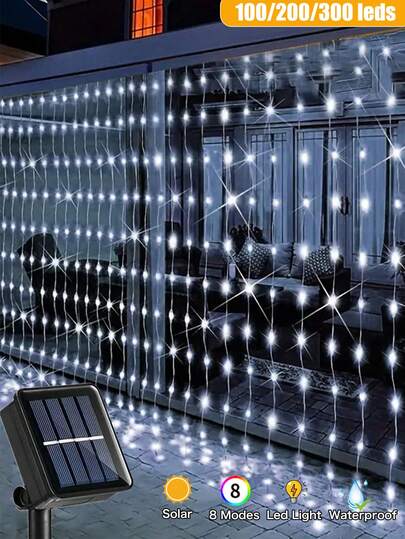 [Rotating/2-Function Bracket]3M Solar Curtain Lights String ,Window Indoor/Outdoor Waterproof Fairy Lights,8 Modes Lighting Suitable For Christmas Party,Wedding,Home,Bedroom,Garden,Railing,Fence,Eaves,Wall Decor (Warm White,Multi-Color,White)