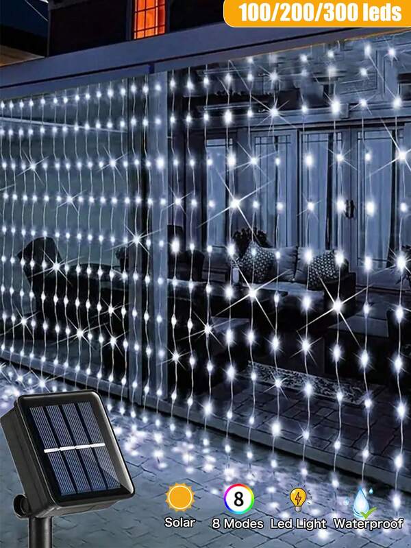 [Rotating/2-Function Bracket]3M Solar Curtain Lights String ,Window Indoor/Outdoor Waterproof Fairy Lights,8 Modes Lighting Suitable For Christmas Party,Wedding,Home,Bedroom,Garden,Railing,Fence,Eaves,Wall Decor (Warm White,Multi-Color,White)