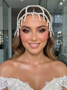 White Pearl Cap Headpiece Vintage Mesh Pearl Head Chain Elegant Hair Accessories For Wedding Bridal Cosplay Halloween Art Decor Party Prom - White - View 3