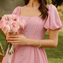 yonghongmaoyi1  Vestido de mujer vintage, elegante y clásico. Vestido ajustado a rayas para primavera/verano, vestido con botones, vestido rosa acampanado, vestido de manga corta - Rosa - Ver 6