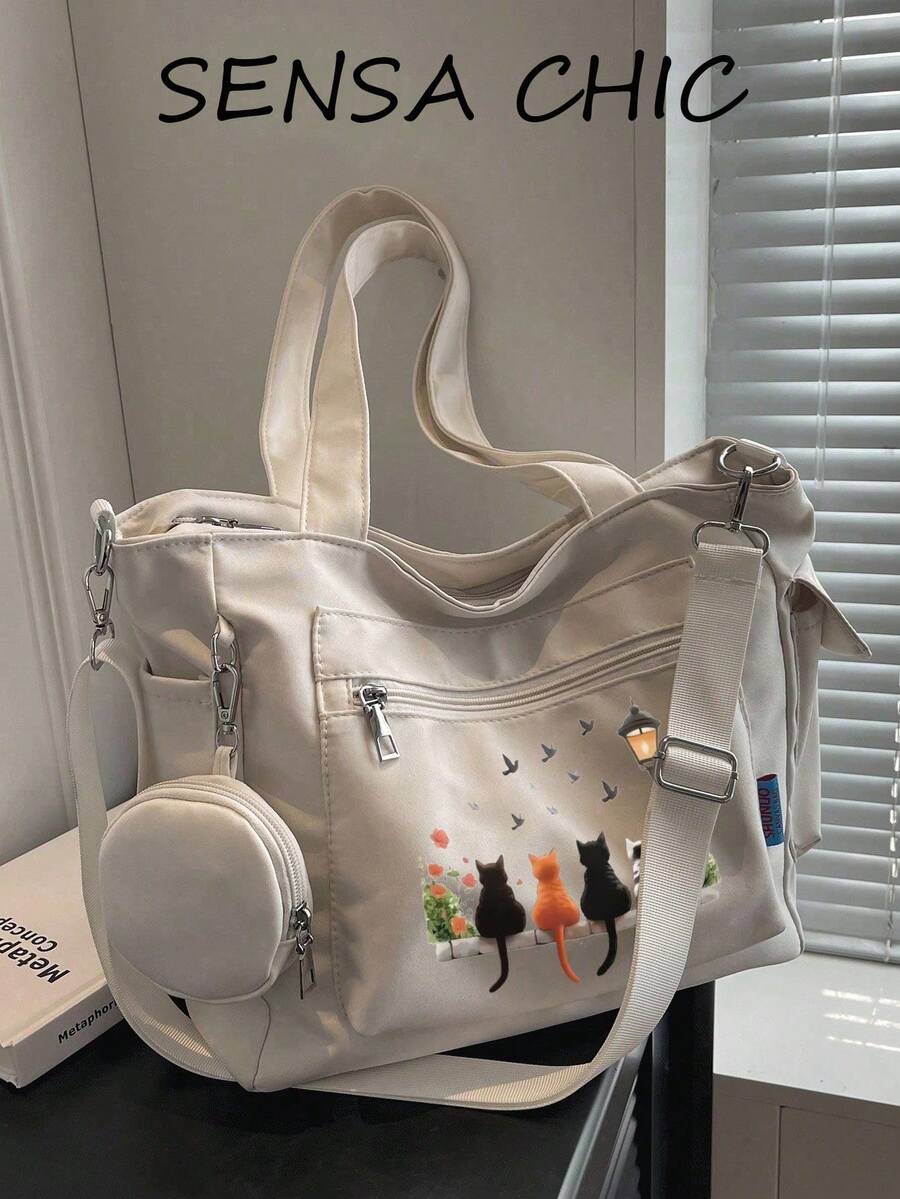 New Classic Versatile Solid Color Large Capacity Pocket Design 2-In-1 Shoulder Tote Bag, Casual Canvas Bag With College Style, Suitable For Campus Use