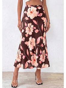 [Free Shipping]Satin Skirts For Women  Spring Summer 2026 High Waisted Leopard Print Cocktail Wedding Long Silk Midi Skirt - 花卉棕粉色 - 查看 6