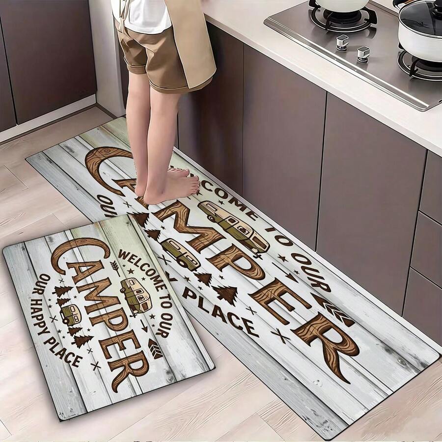 Vintage Camper Print Kitchen Rug, Non-Slip Welcome To Our Camper Floor Mat, Rustic Wood Grain Decorative Area Carpet For Kitchen, Laundry Room And Home Decor - 白色 - 查看 1