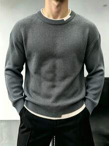 Men's Stylish 2 In 1 Crew Neck Long Sleeve Knit Sweater, Minimalist Versatile Layering Pullover, Spring/Autumn - Grey - View 2