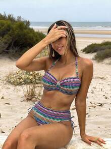 Bộ bikini thời trang phong cách Bohemian | Áo bikini có gọng, điểm nhấn nơ và bèo nhún + Quần bikini cạp cao có thể điều chỉnh | Họa tiết hình học nhiều màu | Đồ bơi không thể thiếu cho kỳ nghỉ biển - Nhiều màu - Xem 2