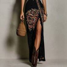 Women's Boho Chiffon Deep V Neck Long Dress With Ruffle Sleeveless Design And High Slit, Elegant Party Fitted Maxi Sundress For Summer - 黑色 - 查看 3
