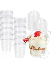 Tazas de Postre 7 Onzas 50 Vasos de Postre con Tapas y Cucharas 200ml Copa Redonda de Postre Vasos de Aperitivo para Mousse Pudding Helado Bebidas Etc. - 7 onzas - Ver 8