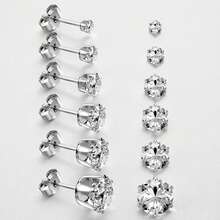Elegant Fashion Style, 6 Pairs 3-8MM 316L Stainless Steel Cubic Zirconia Stud Earring Set, Suitable For Daily And Party Wear, Can Be A Gift For Friends And Lovers, Suitable For Men And Women, Sparkling Earrings - 6 Pairs Of Ear Stud Sets - View 7