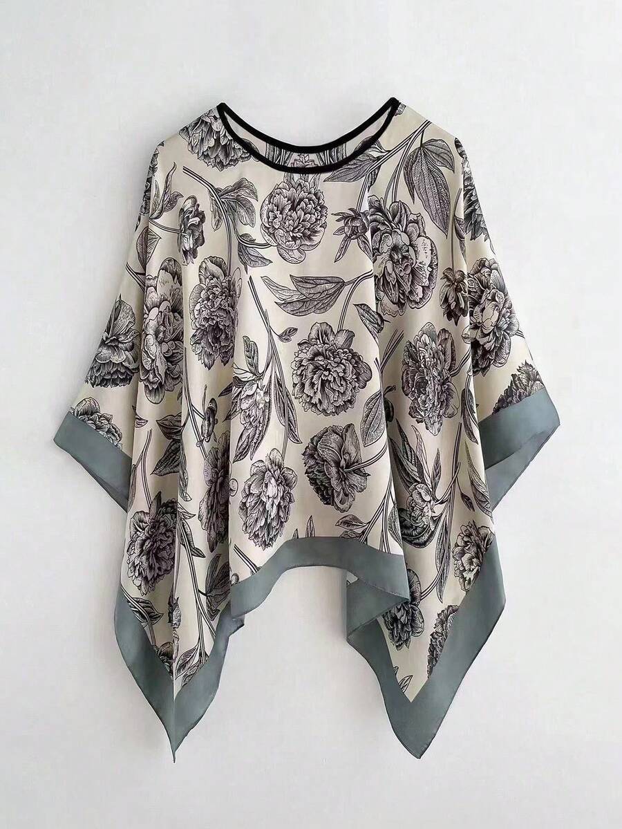 FADZOYLE 1pc Versatile Elegant Floral Print Lightweight Pullover Shawl Poncho Blouse For Women Beach Sun Protection Outerwear Loose Shawl Suitable For Daily Wear, Matching, Decorative Accessory - Multicolor - View 1