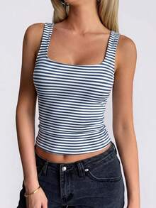 Women's Summer/ Fall Y2K Sexy Color Block Striped Cami Tank Top Slim Fit Layering Basic Top For Daily Wear - Blue and White Stripes - View 3