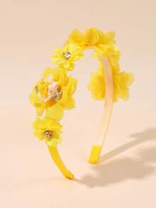 1pc Pink, Yellow, Purple Tulle Flower Headband With Chiffon Flowers, Gradient Roses And Rhinestone Decor, Cute Fashion Hair Accessory For Girls, Birthday, Party & Daily Wear - Multicolor - View 2