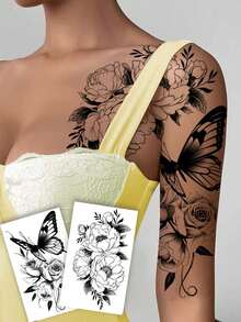2 Sketch-Style Temporary Tattoos With Butterfly And Peony Patterns. Non-Reflective And Lifelike, Fit For Arms, Back And Spine. They Stay Vivid For 3 To 5 Days, Excellent Realistic Body Art For Daily Wearing. - Black - View 1