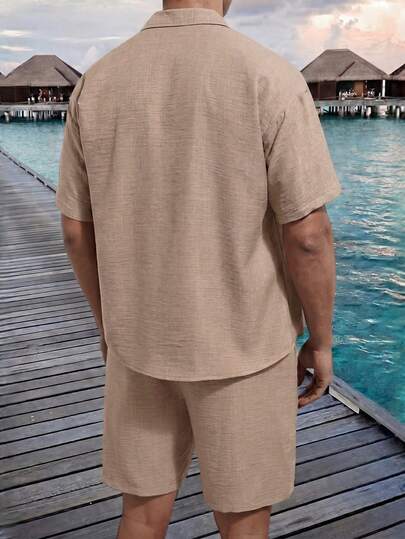 Men's Casual Suit, Coffee Color Pocket Shirt And Shorts Set