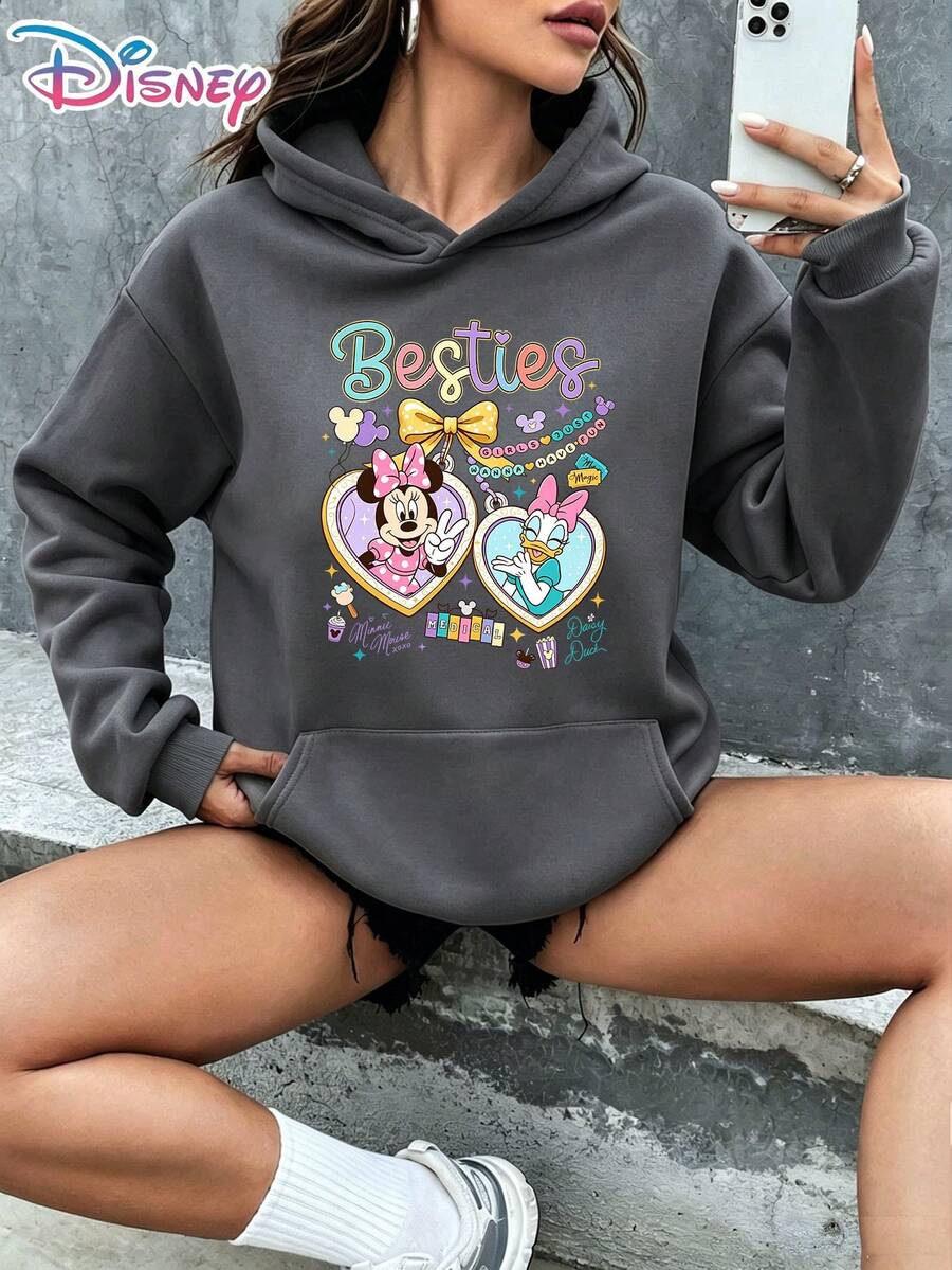 Disney Minnie Mouse & Daisy Duck Besties Heart Frame Bow Snack Elements Magic Bracelet Cartoon Graphic Pullover Hoodie Women's Casual Daily Wear Long Sleeve Sweet Girly Style BFF Matching Outfit Teen Girls Birthday Gift Cute Streetwear It Is A Gift For Fans And Friends, And It Is Also A Perfect Gift Choice For Lovers And Relatives. - Xám - Xem 1