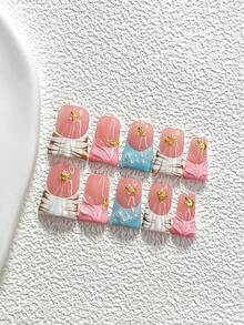 10片可愛手工穿戴甲，Polygel美甲套組，金色海星與貝殼設計，白色、粉色、藍色與棕色指甲油，夏季風格，附美甲工具，3種尺寸可選，杏仁形、鴨嘴形、棺材形，適合派對、跳舞、日常穿戴 - 彩色 - 查看 2