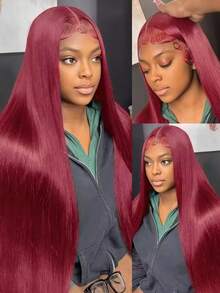 28 Inch 13x4 Transparent 99J Burgundy Straight Lace Front Wigs 200 Density Brazilian Pre Plucked Hairline With Baby Hair Elastic Band Can Be Middle Part Left/ Right Side Part And Free Part Available Red Wine For Women - S99J - 查看 7